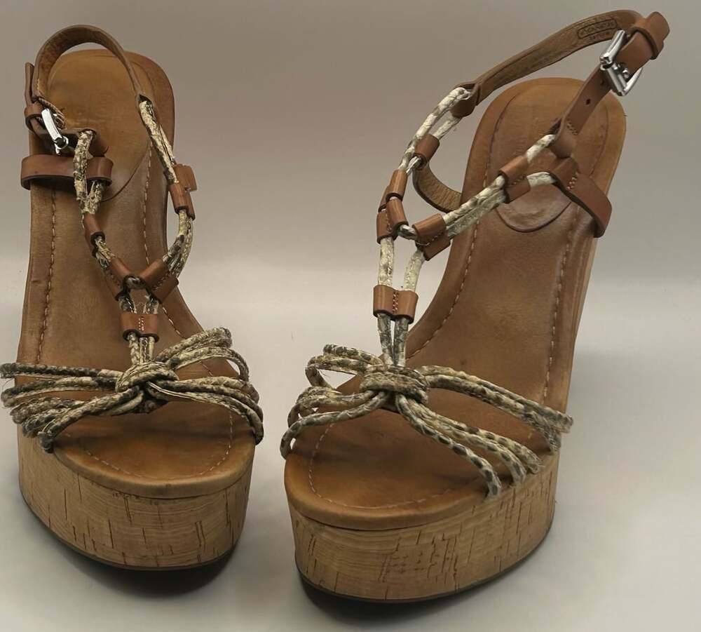 Coach Georgiana Snakeskin & Cork Platform Wedge Sandals Size 10B